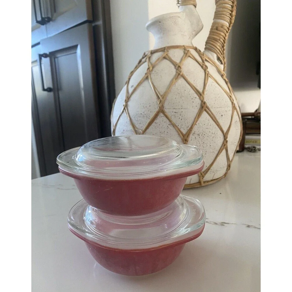 Vintage Flamingo Pink Pyrex 080 Individual 8oz Casserole Dish w/Glass Lid 2 Set